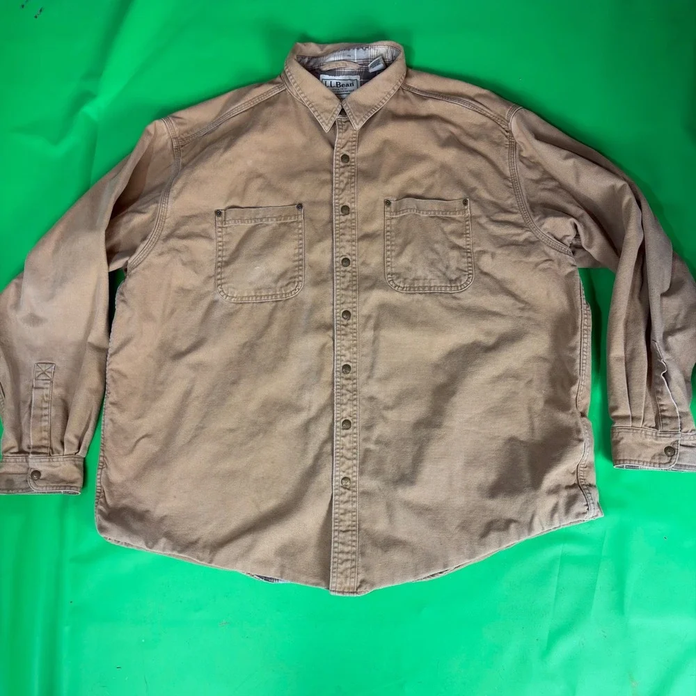 VTG LL Bean Distressed Snap Shacket Mens 2X Tan Flannel Lined Canada Made Coat